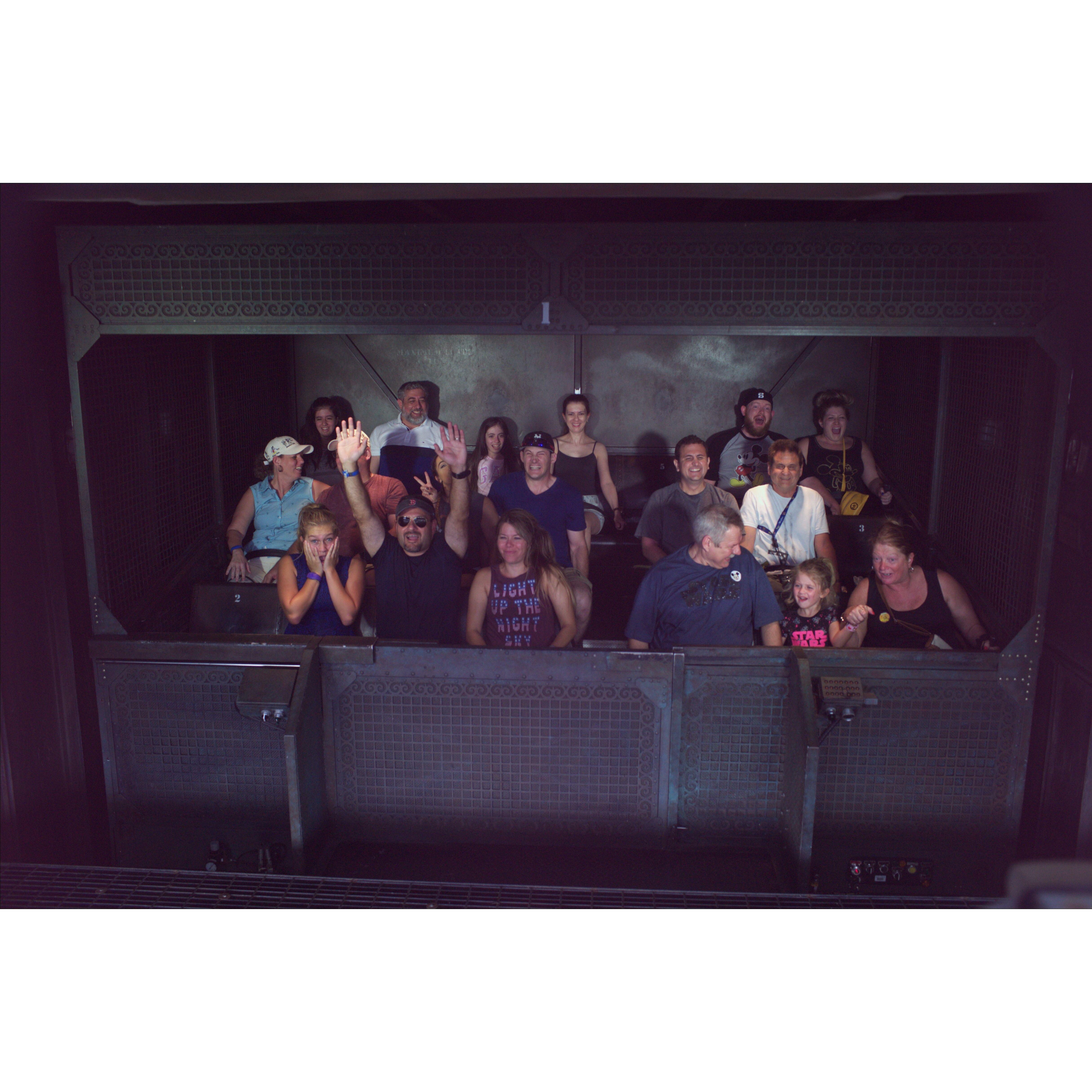 2017 - Dani drags Joey onto the Tower of Terror ride in Disney... Joey did NOT like it. (Look behind the man with his arms up)