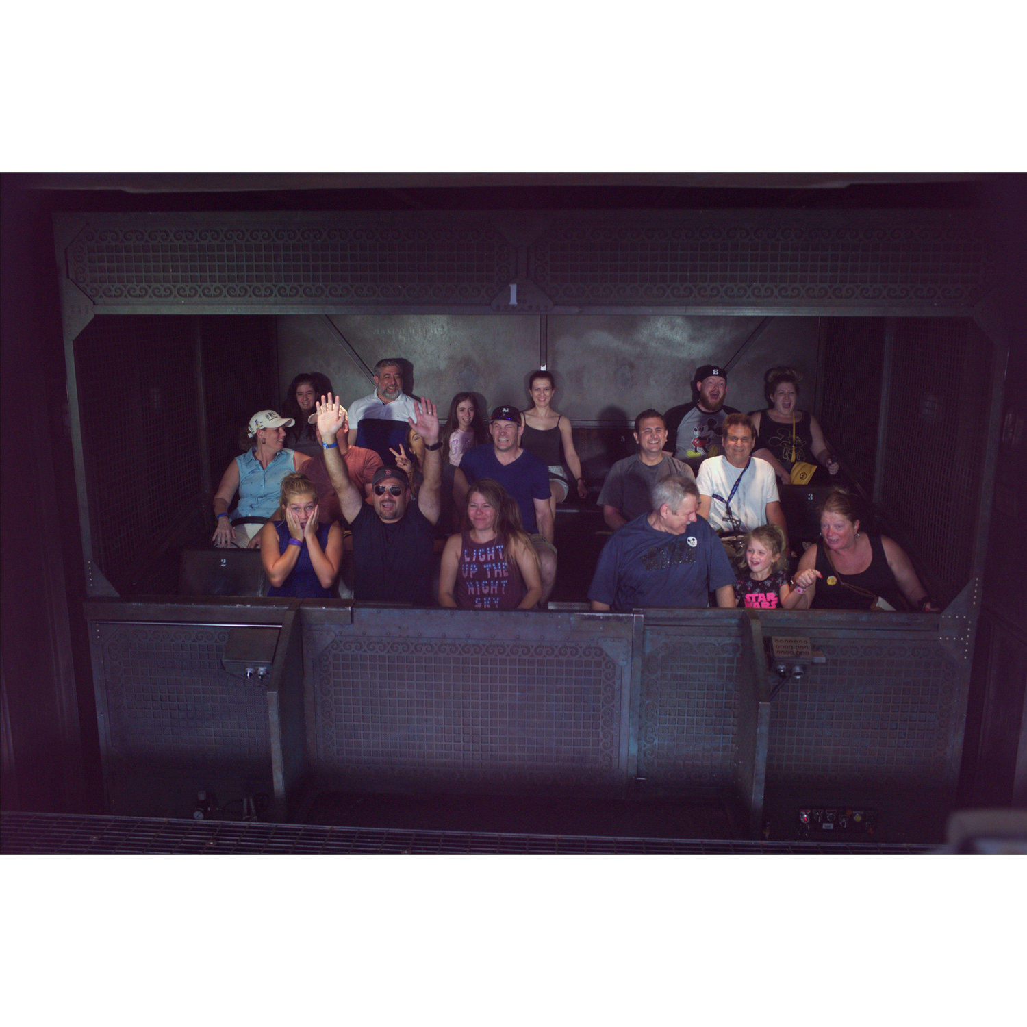 2017 - Dani drags Joey onto the Tower of Terror ride in Disney... Joey did NOT like it. (Look behind the man with his arms up)