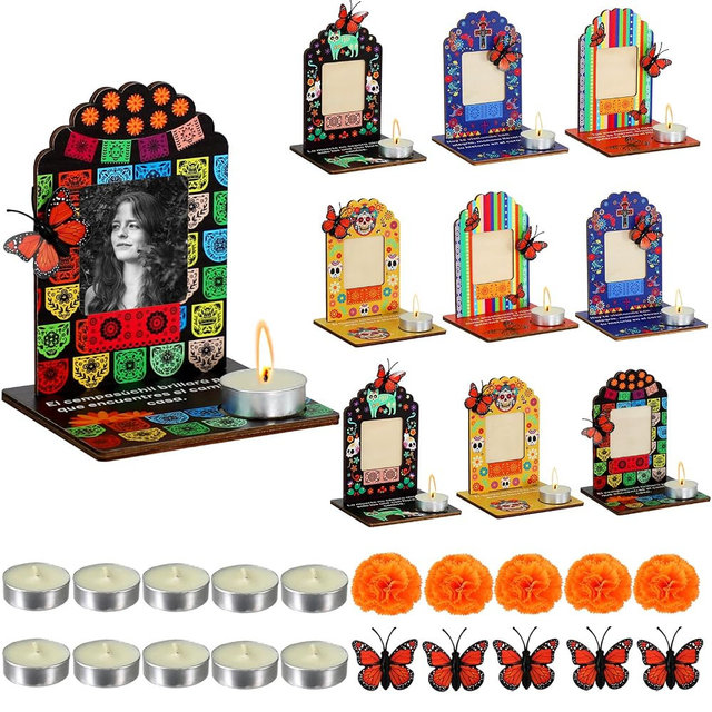 Dia De Los Muertos Decorations Picture Frames, Day of The Dead Altar with Candle, Marigold, Artificial Monarch Butterfly, Dia De Los Muertos Altar Kit Mini Sugar Skull Style Ofrenda Decorations