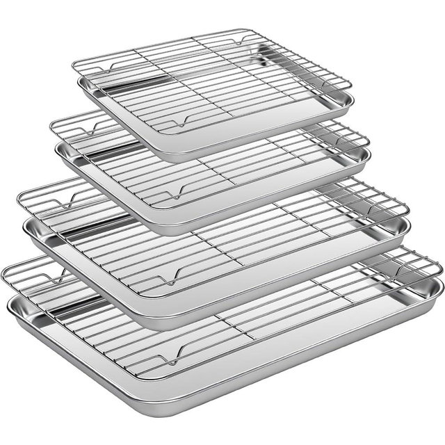 Baking Sheet Pan Set of 8, CEKEE Stainless Steel Cookie Sheets for Baking with Cooling Rack, Small/Quarter/Jelly Roll Pans, 9/10/12/16 Inch, 0.8mm Thick Heavy Duty & Non Toxic & Easy Clean