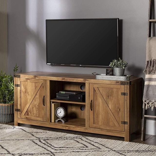 Walker Edison Furniture Company Farmhouse Barn Wood Universal Stand for TV's up to 64" Flat Screen Living Room Storage Cabinet Doors and Shelves Entertainment Center, 58 Inch, Barnwood Brown