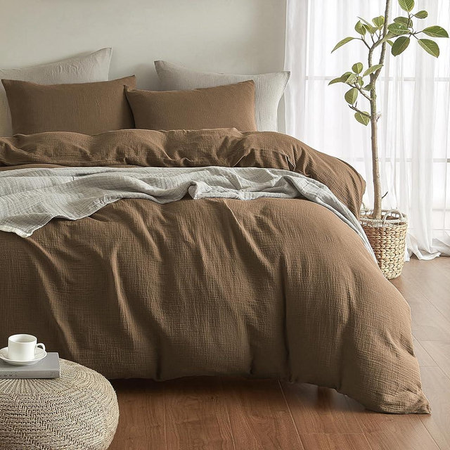 SE SOFTEXLY Muslin Duvet Cover California King Size, 100% Washed Cotton Duvet Cover Set, Soft Comforter Cover Linen Like, 3 Pieces Minimalist Gauze Duvet Cover with 2 Pillowcases, 98"x104", Dark Brown