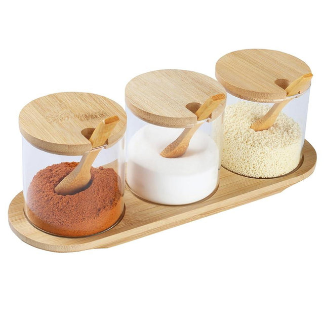 WEANGCW Condiment Container Seasoning Box Set,3 PCS Condiment Jar Spice Container with Lids and Spoons and Base, for Home Kitchen Café Storing Salt Sugar Spice
