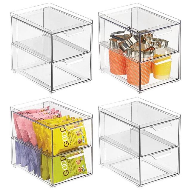 mDesign Stackable Storage Containers Box with 2 Pull-Out Drawers - Stacking Plastic Drawer Bins for Kitchen Pantry and Cupboard, Cabinet, Counter, Island and Tables - Lumiere Collection, 4 Pack, Clear