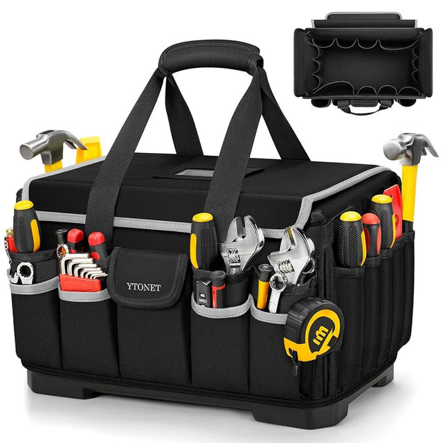 Heavy Duty Tool Bag 16-Inch, 46 Pockets Electrician Tool Bag for men with Hard Bottom & Waterproof Pocket, 1680D Tear-Proof Toolbox Organizer for HVAC Mechanic, Father Day Dad Gift Black