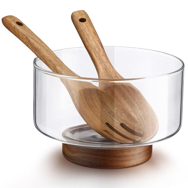 Hushee Glass Salad Bowl Large Salad Serving Bowl with Acacia Wood Base and Serving Utensils for Vegetables Fruit Dessert Popcorn Chips Pasta