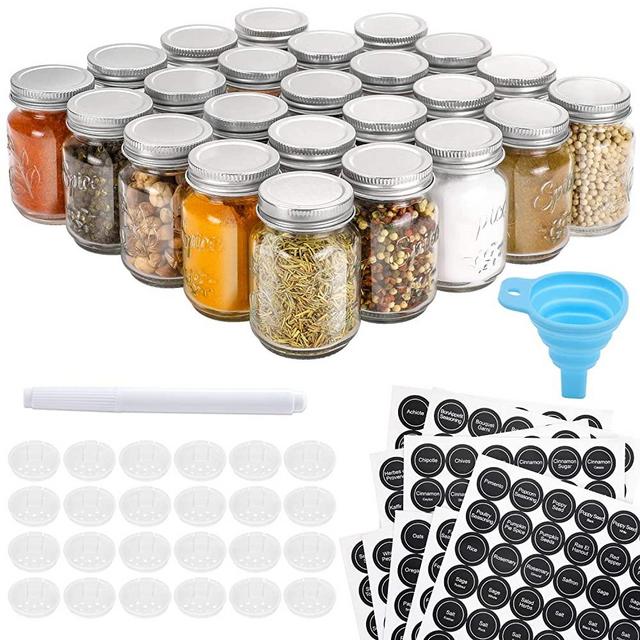 Aozita 24 Pcs Glass Mason Spice Jars/Bottles - 4oz Empty Spice Containers with Spice Labels - Shaker Lids and Airtight Metal Caps - Silicone Collapsible Funnel Included