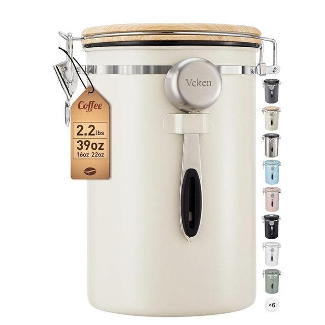 Veken Coffee Canister, 39OZ Large, Airtight Stainless Steel Food Storage Container for 2.2lbs Coffee Beans, Ground, Sugar, Tea, Flour, Cereal, Kitchen Bar Accessories with Date Tracker & Scoop, Cream