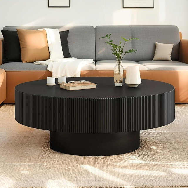 Merax Modern Round Coffee Table with Sturdy Base, Wood Center Tables for Living Room Reception Room, Easy Assemble, Black