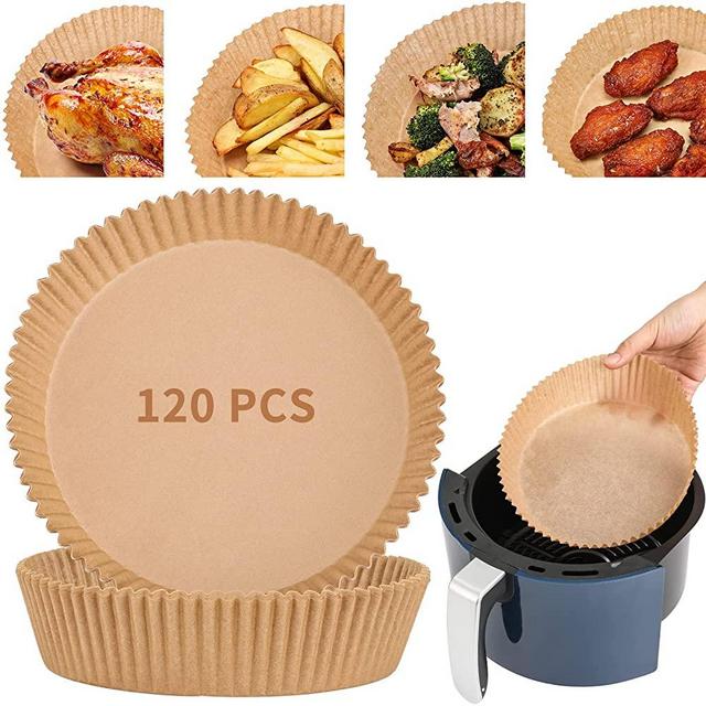 7.9-inch Air Fryer Liners, 120 Pcs [ Large Size ] Air Fryer Disposable Paper Liner, Non-stick Parchment Paper for Frying, Baking, Cooking, Roasting and Microwave - Unbleached, Oil-proof