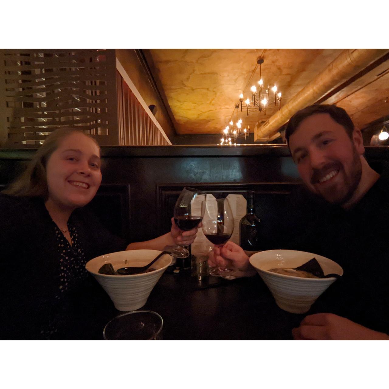 Dinner date of ramen to celebrate the last of Cara's student loans being paid off. This allows Cara & Richard to start life together debt free.