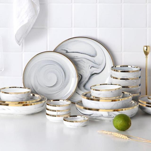Modern Dinnerware 18-Piece White&Gray Ceramic Dinnerware Gold Rim