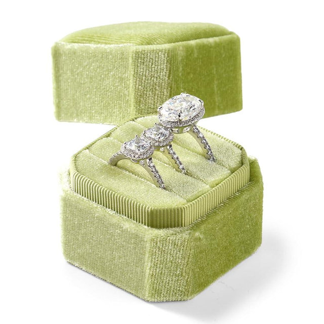 Papten Ring Box, 3 Slots Velvet Jewelry Storage, Octagonal Ring Holder for Proposal, Engagement, Wedding Ceremony (Light Green)