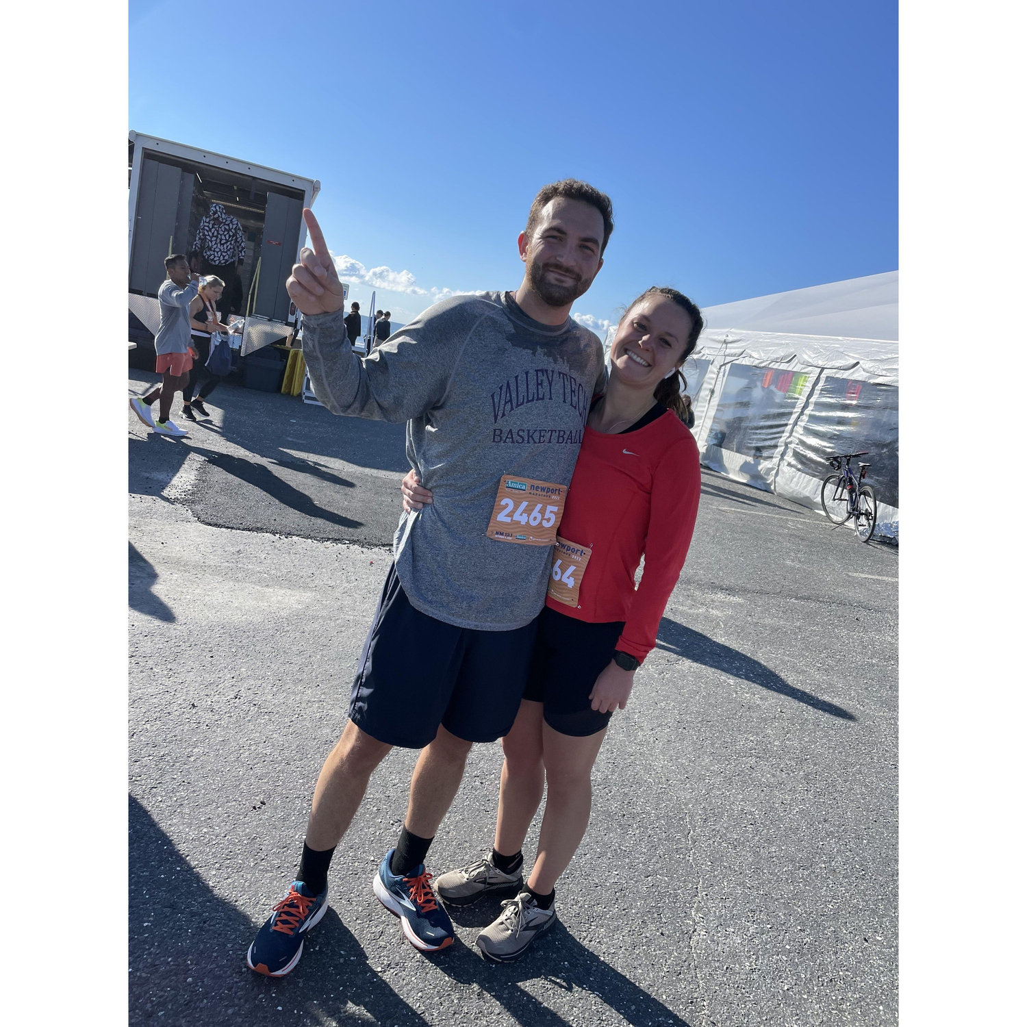 Post-half marathon, which Eddie wouldn't have done if he wasn't trying to impress Sydney when they first started dating...