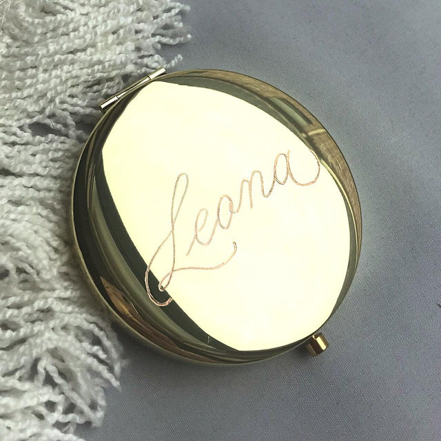 Custom Engraved Gold Calligraphy Mirrored Compact | Compact with Mirror | Custom Compact | Personalized Compact | I Do Crew Gift