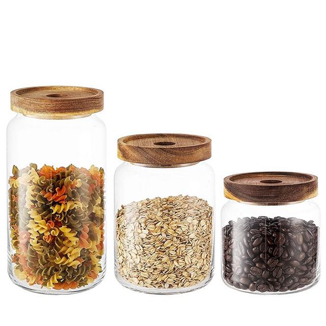 KMwares 3PC Stackable Clear Glass Food Storage Jar/Cotton Container With Airtight Seal Acacia Wood Lids for Kitchen/Bathroom/Pantry, Serving Candy, Snack, Honey, Leaf Tea, Coffee Bean, Dry food
