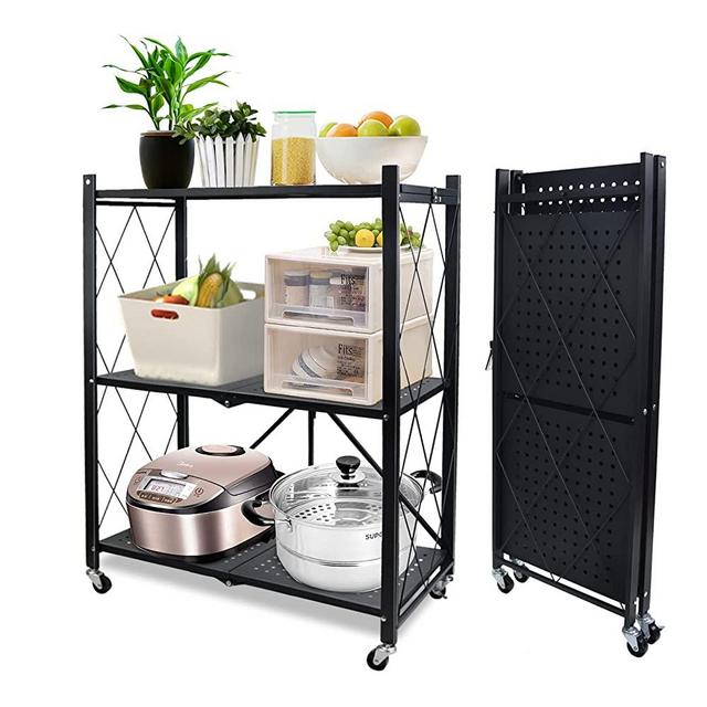 Storage Shelves Heavy Duty on Wheels, 3 Tier Rolling Cart,Metal Shelving Units 28" W x 14" D x 35" H for Garage Kitchen Bakers, Metal Wire, Collapsible/Foldable Organizer Rack