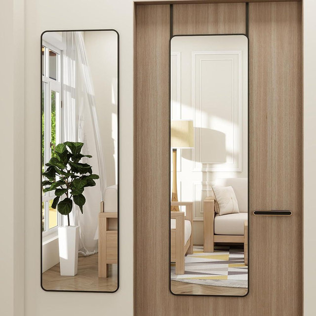 JAWGLOW Full Length Door Mirror 14x48, Metal Frame with Protective Film, No-Drilling Hanging or Wall Mount (Horizontal/Vertical), Hooks & Hardware Included, Full Body Mirror for Bedroom, Dorm, Black