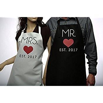 Mr. and Mrs. 2017 Couples Kitchen Aprons (2-Piece Set) Cute, Funny Cooking Bibs for Wedding Marriage Newlyweds