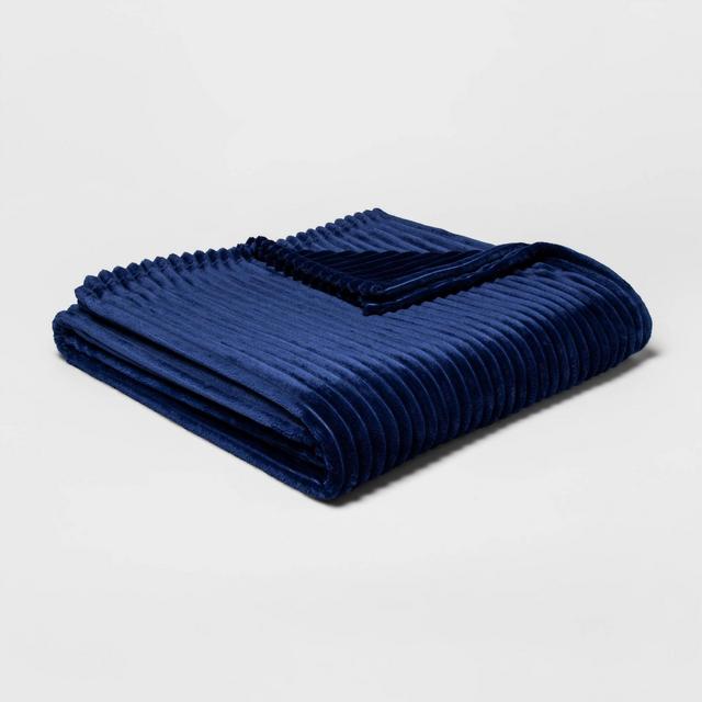 Full/Queen Ribbed Plush Bed Blanket Blue - Room Essentials™