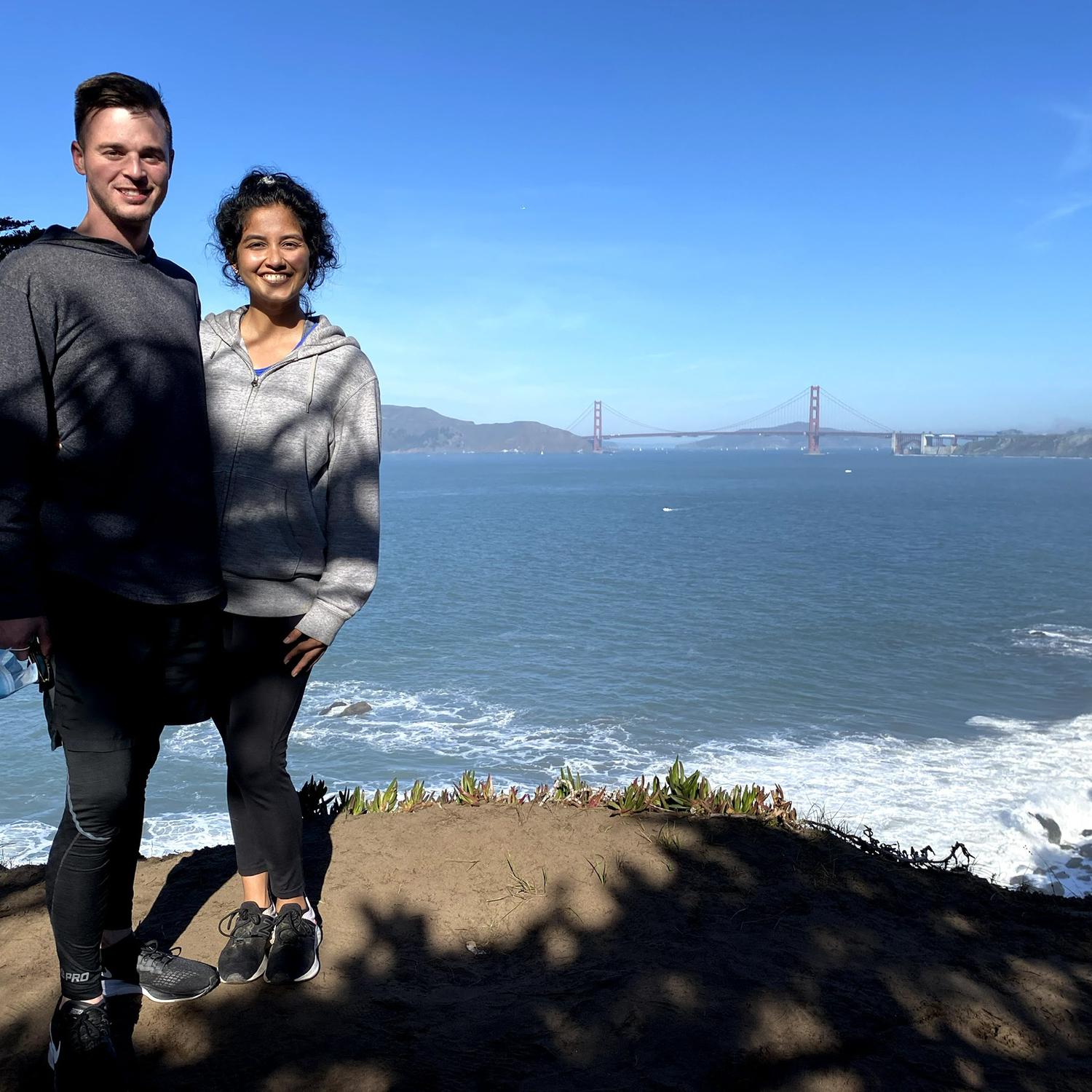Savni and Logan were long distance for the first year of their relationship. Savni would fly out to SF to visit Logan and would pester him to show her the city and go on hikes by the ocean