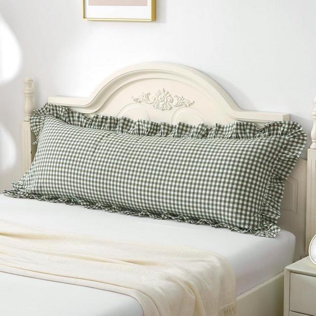 Silnuo Green/White Plaid Ruffled Body Pillow Sham Washed Cotton Shabby Checkered Gingham Pillow Cover Farmhouse Pillowcase 20"x54"（1 Piece Body Pillowcase,Green Plaid）