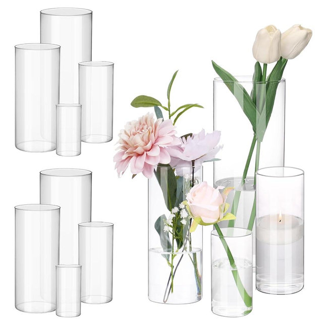 Fixwal 12pcs Clear Glass Cylinder Vases, 4, 6, 8, 10 Inch Tall Cylinder Vases for Centerpieces, Glass Flower Vase Floating Candle Holder Vase for Table Shelf, Party, Wedding, Home Decor