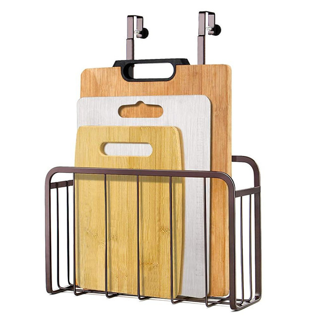 Adjustable Over Cabinet Door Organizer, No Screw Required Cutting Board Holder - Over Cabinet Door Storage Basket in Kitchen or Pantry for Cutting Board, Aluminum Foil, Plastic Wrap, Mesh Bronze