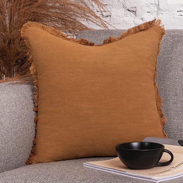 Inspired Ivory Linen Throw Pillow Covers - Decorative Farmhouse Linen Pillow Covers with Fringe - Soft Solid Square Cushion Cover for Sofa, Couch, Bed Decor (18x18 Inch, Mustard)