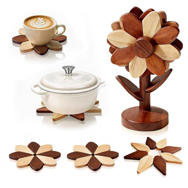 Wooden Trivets for Hot Dishes - Set of 5, Foldable Sunflower-Shaped, Thick Hot Pads for Countertops, Ceramic Pots, Farmhouse Kitchen Decor, Housewarming Gifts (Walnut & Beech Wood)