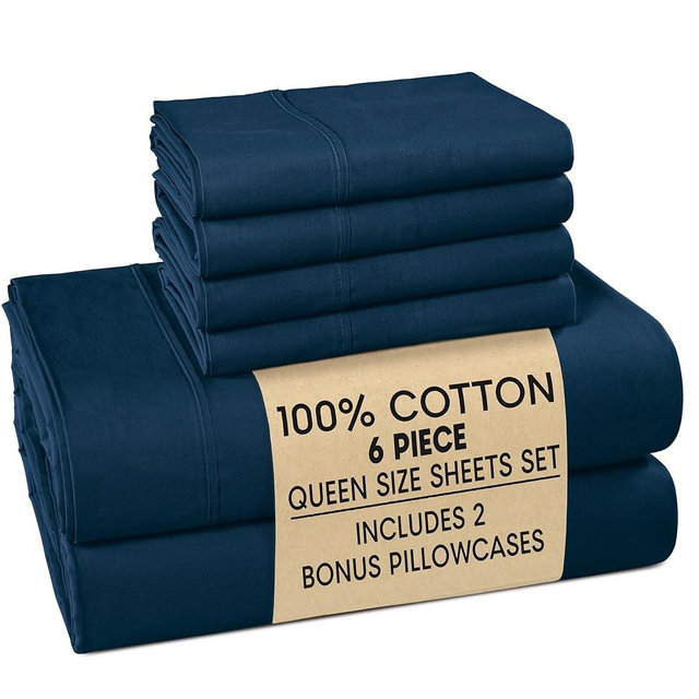 Casa Platino Queen Sheets Set – 100% Cotton Bed Sheets Queen, Breathable & Crisp Percale 6 Piece Set, 15" Deep Pocket for A Secure Fit, Ultra Soft & Cozy, Fit – Navy Blue