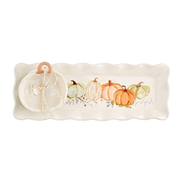 Mud Pie Gather Tray and Dip Set, tray 4 1/2" x 12 1/2" | cup 3 3/4" dia