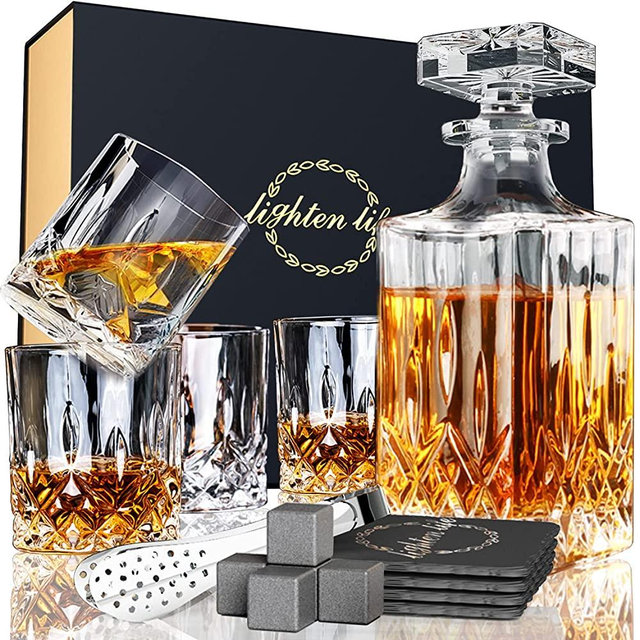 Lighten Life Whiskey Decanter Sets with Bar Accessories,Crystal Whiskey Decanter and Glass Set in Gift Box,Non-Lead Bourbon Decanter Set for Rum Scotch Bourbon,Premium Liquor Decanter Set for Men