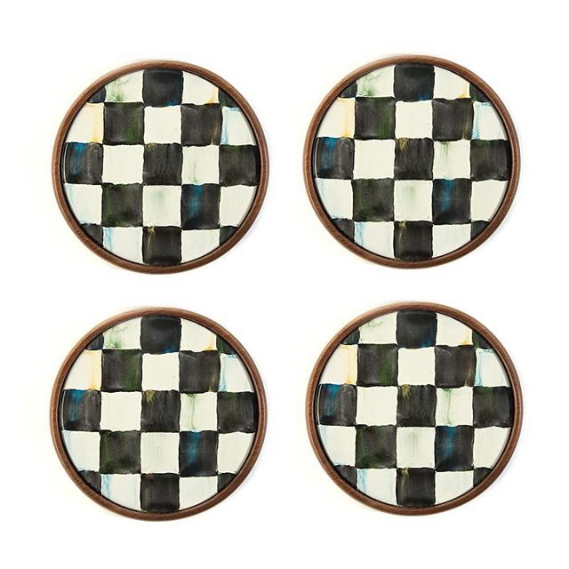MacKenzie-Childs Drink Coasters, Bar Set and Housewarming Gift, Courtly Check, Round, Set of 4