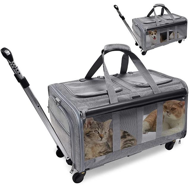 LIONROGE Double-Compartment Pet Rolling Carrier with Wheels for 2 Pets,Cat Rolling Carrier for 2 Cats,Super Ventilated Design,Ideal for Traveling/Hiking/Camping