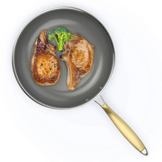 David Burke GeoClad Ceramic Hybrid Non-Stick 12" Fry Pan – Stainless Steel Sear Surface, Geometric Pattern, Tri-Ply Clad Body, PFOA-Free, Gray/Gold