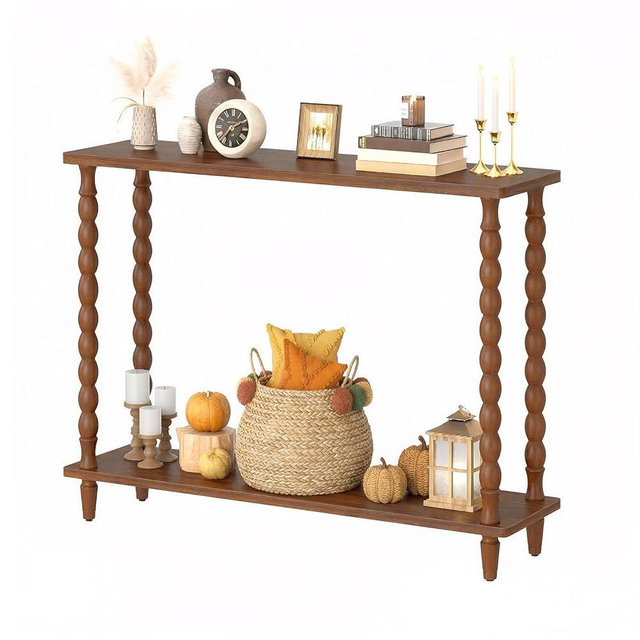 HOOBRO 39.4'' Mid-Century Console Table, 2-Tier Entryway Table Sofa Table with Storage, Modern Behind Couch Table with Rubberwood Leg for Living Room, Hallway, Foyer, Walnut WL105XG01