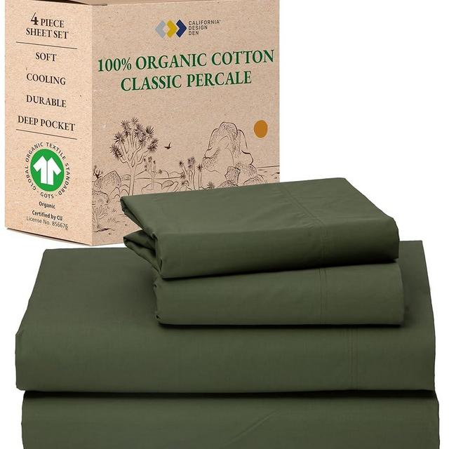 California Design Den Queen Percale Sheet Set - 100% Organic Cotton, GOTS Certified, Soft and Crisp, Deep Pocket Organic Sheets Queen, Cooling Queen Sheet Set Cotton - Olive Green