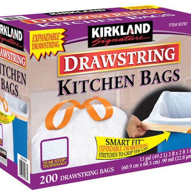 Kirkland Signature 13 Gallon 200 Ct Carton 100% recyclable Heavy Duty Drawstring Kitchen Trash Bags Garbage Bag ,White