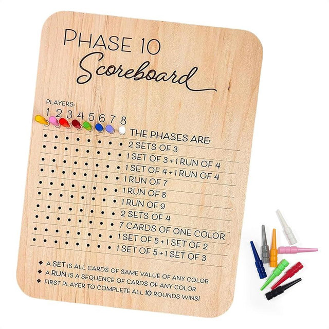 Orionix Phase 10 Score Board - 2025 Phase 10 Scoreboard Game, Phase 10 Card Game Wooden Made, Phase 10 Scoreboard Round Tracker Board Card Games Night Table Score with 10 Wooden Colored Pegs (1PC)