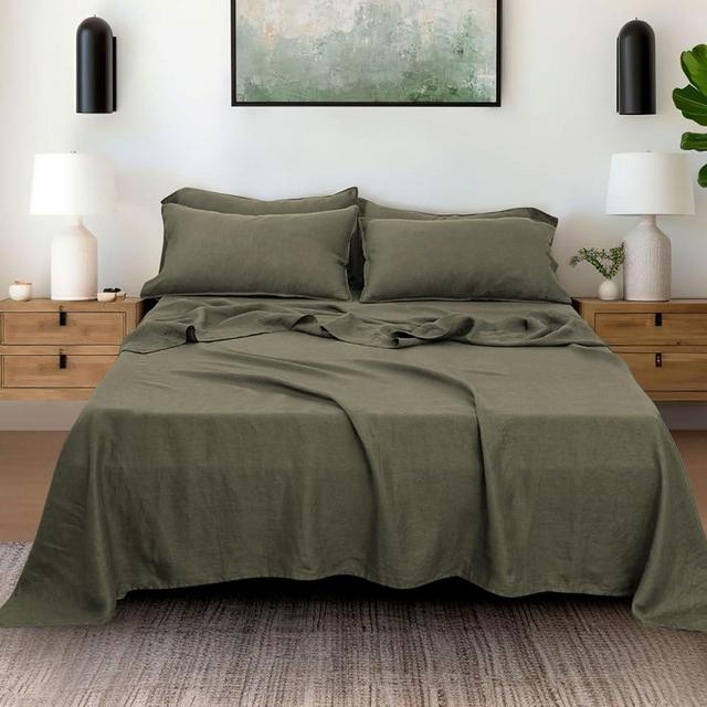 S VICTORY SYMBOL 100% Organic Linen Sheets Set Queen Size,Washed French Flax Bed Sheets 4Pcs(2 Pillowcases,1 Fitted Sheet,1 Flat Sheet) Burnt Olive