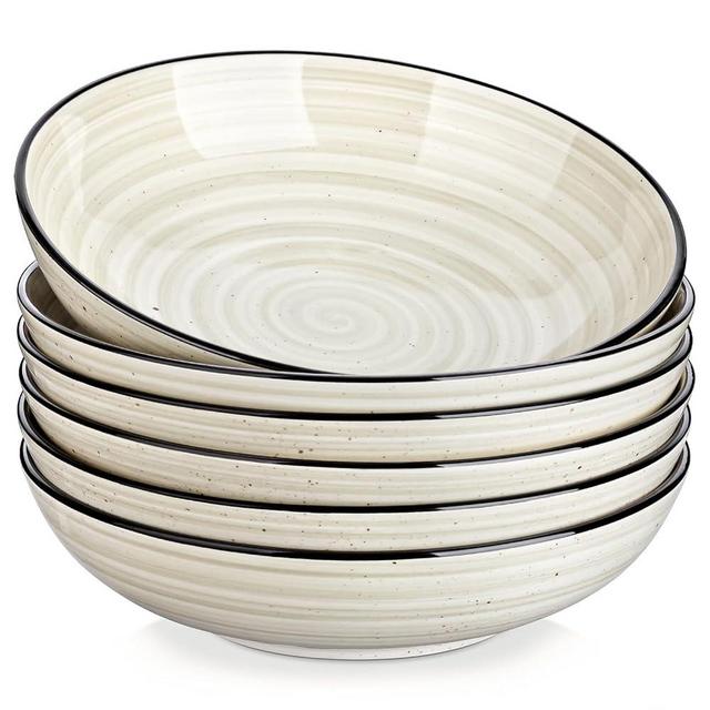 vancasso Bonbon Pasta Bowls Set of 6, 38 Oz Ceramic Salad Bowls, Wide and Shallow Bowls Set, Large Serving Bowls for Kitchen, Beige