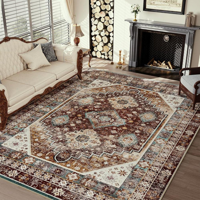 Rugs for Living Room Area Rugs 5x7 Machine Washable Area Rugs Carpet Rugs for Bedroom Dining Room Rug Office Rug Vintage Oriental Rug Retro Rug Non Slip Rug Soft Brick Red