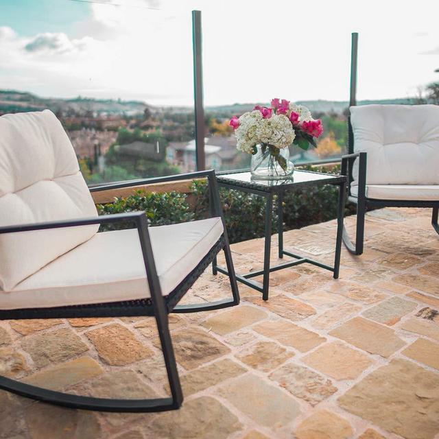 SUNCROWN Outdoor 3-Piece Rocking Bistro Set: Black Wicker Furniture-Two Chairs with Glass Coffee Table (Beige Cushion)