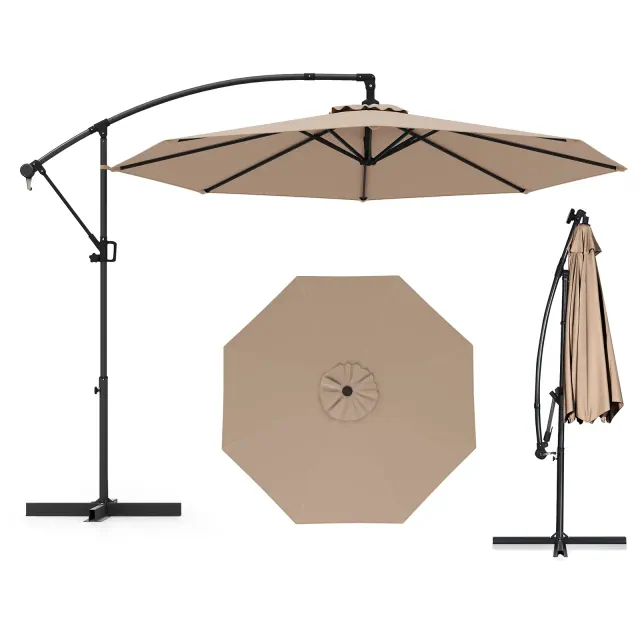 Costway 10 FT Patio Offset Umbrella w/ X-shaped Base Infinite Tile & 360° Rotation Coffee