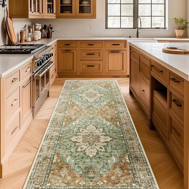 RELEANY Area Rugs 2'x6' Washable Non-Slip, Floral Vintage Distress Print Pattern Medallion Carpet for Living Room Bedroom Dining Room, Brick Red Rust Neutral Brown Burnt Orange Green
