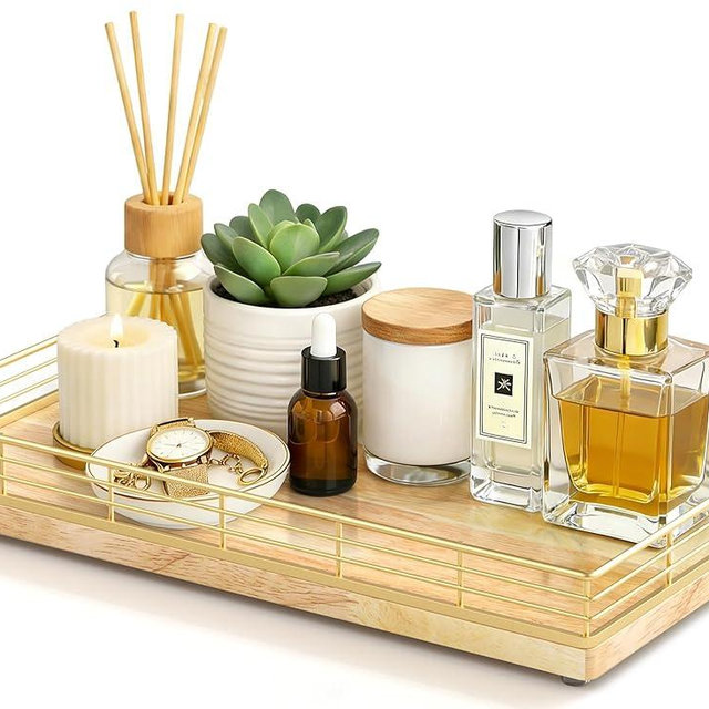 Large Bathroom Vanity Tray – 13" x 8" Oak Decorative Wooden Tray for Bathroom Countertop & Vanity Organizer, Wood Tray for Perfume Skincare Accessories Storage Vanity Dresser Decor Gold & Natural Oak