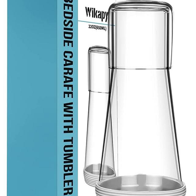 Bedside Water Carafe with Glass, Night Water Carafe Set with Tumbler Glass, Clear Nightstand Carafe with Silicone Coaster for Bedroom and Guest Room, Glass Mouthwash Decanter for Bathroom (22 OZ)