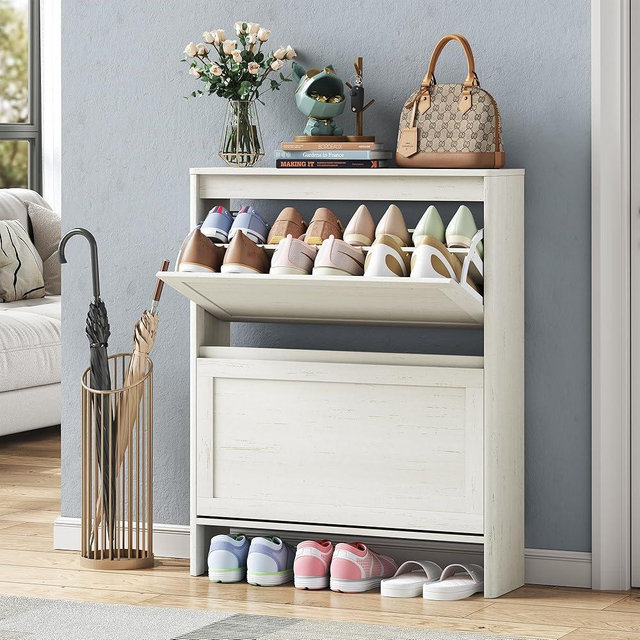 ENHOMPPY Shoe Storage Cabinet with 2 Flip Drawers, Freestanding Legs for Entryway, Slim Off White