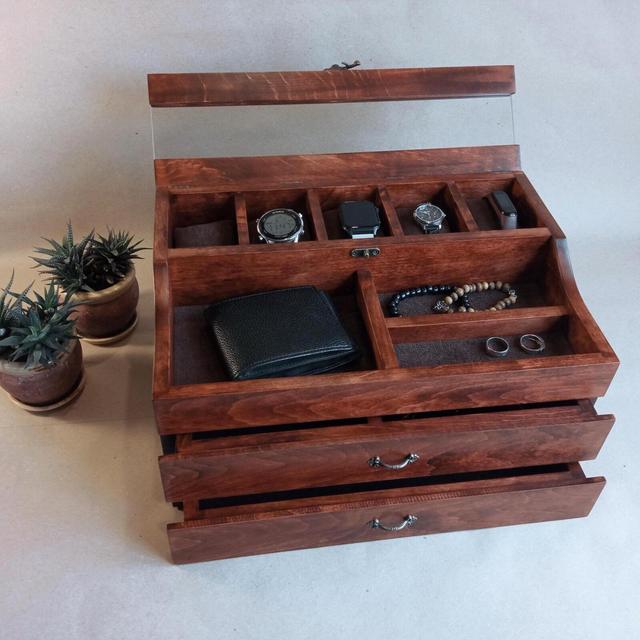 Luxury Wooden Valet Box Men's Organizer with Drawer Personalized Watch and Jewelry Storage Groomsmen Gift wooden valet box groomsmen gift